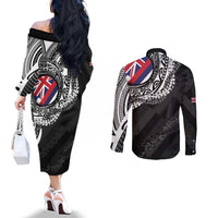 Hawaii King Flag Couples Matching Off The Shoulder Long Sleeve Dress and Long Sleeve Button Shirt Hawaiian Maile Lei - Polynesian Pride