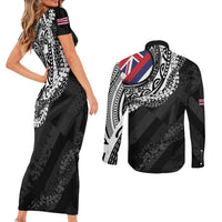 Hawaii King Flag Couples Matching Short Sleeve Bodycon Dress and Long Sleeve Button Shirt Hawaiian Maile Lei - Polynesian Pride