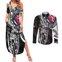 Hawaii King Flag Couples Matching Summer Maxi Dress and Long Sleeve Button Shirt Hawaiian Maile Lei - Polynesian Pride