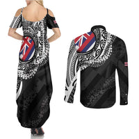 Hawaii King Flag Couples Matching Summer Maxi Dress and Long Sleeve Button Shirt Hawaiian Maile Lei - Polynesian Pride