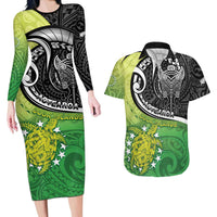 Custom New Zealand Cook Islands Couples Matching Long Sleeve Bodycon Dress and Hawaiian Shirt Maori Tiki With Circle Stars Turtle - Polynesian Pride