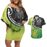 Custom New Zealand Cook Islands Couples Matching Off Shoulder Short Dress and Hawaiian Shirt Maori Tiki With Circle Stars Turtle - Polynesian Pride