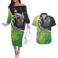 Custom New Zealand Cook Islands Couples Matching Off The Shoulder Long Sleeve Dress and Hawaiian Shirt Maori Tiki With Circle Stars Turtle - Polynesian Pride