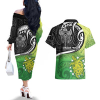 Custom New Zealand Cook Islands Couples Matching Off The Shoulder Long Sleeve Dress and Hawaiian Shirt Maori Tiki With Circle Stars Turtle - Polynesian Pride