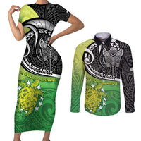 Custom New Zealand Cook Islands Couples Matching Short Sleeve Bodycon Dress and Long Sleeve Button Shirt Maori Tiki With Circle Stars Turtle - Polynesian Pride