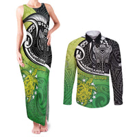 Custom New Zealand Cook Islands Couples Matching Tank Maxi Dress and Long Sleeve Button Shirt Maori Tiki With Circle Stars Turtle - Polynesian Pride