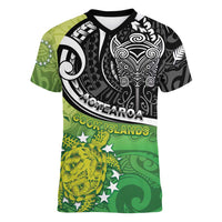 Custom New Zealand Cook Islands Women V-Neck T-Shirt Maori Tiki With Circle Stars Turtle - Polynesian Pride