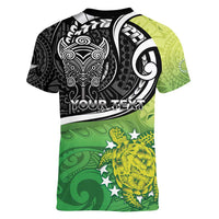 Custom New Zealand Cook Islands Women V-Neck T-Shirt Maori Tiki With Circle Stars Turtle - Polynesian Pride