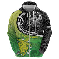 Custom New Zealand Cook Islands Zip Hoodie Maori Tiki With Circle Stars Turtle - Polynesian Pride