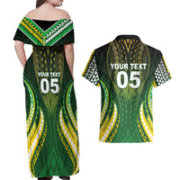 Custom Cook Islands Rugby Couples Matching Off Shoulder Maxi Dress and Hawaiian Shirt Unique Style Green Version - Polynesian Pride