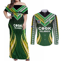 Custom Cook Islands Rugby Couples Matching Off Shoulder Maxi Dress and Long Sleeve Button Shirt Unique Style Green Version - Polynesian Pride