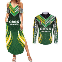 Custom Cook Islands Rugby Couples Matching Summer Maxi Dress and Long Sleeve Button Shirt Unique Style Green Version - Polynesian Pride