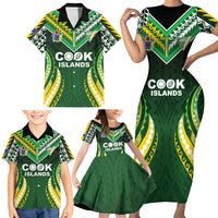Custom Cook Islands Rugby Family Matching Short Sleeve Bodycon Dress and Hawaiian Shirt Unique Style Green Version - Polynesian Pride