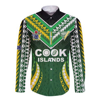 Custom Cook Islands Rugby Long Sleeve Button Shirt Unique Style Green Version - Polynesian Pride