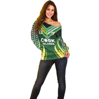 Custom Cook Islands Rugby Off Shoulder Sweater Unique Style Green Version - Polynesian Pride