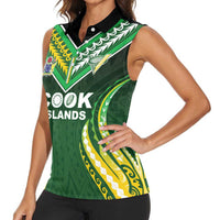 Custom Cook Islands Rugby Women Sleeveless Polo Shirt Unique Style Green Version - Polynesian Pride