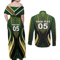 Custom Cook Islands Rugby Couples Matching Off Shoulder Maxi Dress and Long Sleeve Button Shirt Unique Style Black Version - Polynesian Pride
