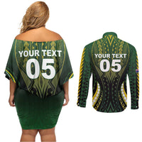 Custom Cook Islands Rugby Couples Matching Off Shoulder Short Dress and Long Sleeve Button Shirt Unique Style Black Version - Polynesian Pride