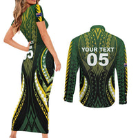 Custom Cook Islands Rugby Couples Matching Short Sleeve Bodycon Dress and Long Sleeve Button Shirt Unique Style Black Version - Polynesian Pride