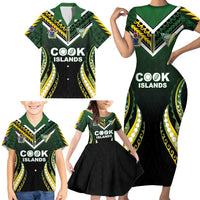 Custom Cook Islands Rugby Family Matching Short Sleeve Bodycon Dress and Hawaiian Shirt Unique Style Black Version - Polynesian Pride