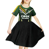 Custom Cook Islands Rugby Kid Short Sleeve Dress Unique Style Black Version - Polynesian Pride