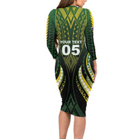 Custom Cook Islands Rugby Long Sleeve Bodycon Dress Unique Style Black Version - Polynesian Pride