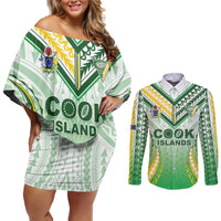 Custom Cook Islands Rugby Couples Matching Off Shoulder Short Dress and Long Sleeve Button Shirt Unique Style White Version - Polynesian Pride