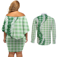Green Hawaii Palaka Couples Matching Off Shoulder Short Dress and Long Sleeve Button Shirt Hawaiian Honohono Lei