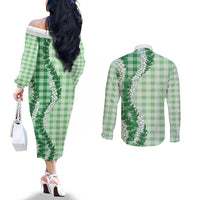 Green Hawaii Palaka Couples Matching Off The Shoulder Long Sleeve Dress and Long Sleeve Button Shirt Hawaiian Honohono Lei