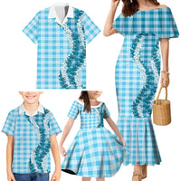 Blue Hawaii Palaka Family Matching Mermaid Dress and Hawaiian Shirt Hawaiian Honohono Lei