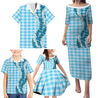 Blue Hawaii Palaka Family Matching Puletasi and Hawaiian Shirt Hawaiian Honohono Lei