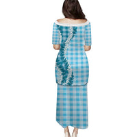 Blue Hawaii Palaka Family Matching Puletasi and Hawaiian Shirt Hawaiian Honohono Lei