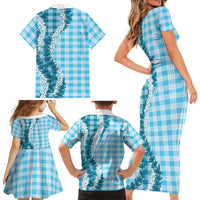 Blue Hawaii Palaka Family Matching Short Sleeve Bodycon Dress and Hawaiian Shirt Hawaiian Honohono Lei