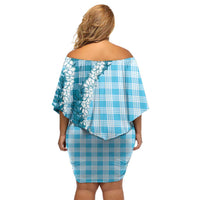 Blue Hawaii Palaka Off Shoulder Short Dress Hawaiian Honohono Lei LT05 - Polynesian Pride