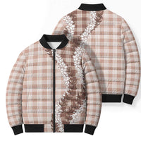 Beige Hawaii Palaka Bomber Puffer Jacket Hawaiian Honohono Lei