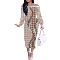 Beige Hawaii Palaka Off The Shoulder Long Sleeve Dress Hawaiian Honohono Lei