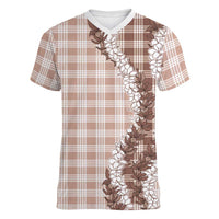 Beige Hawaii Palaka Women V-Neck T-Shirt Hawaiian Honohono Lei
