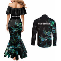New Zealand Marathon Couples Matching Mermaid Dress and Long Sleeve Button Shirt Silver Fern Paua Shell Simple Style