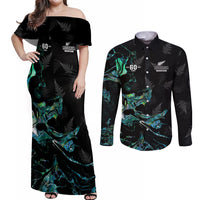 New Zealand Marathon Couples Matching Off Shoulder Maxi Dress and Long Sleeve Button Shirt Silver Fern Paua Shell Simple Style