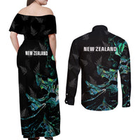New Zealand Marathon Couples Matching Off Shoulder Maxi Dress and Long Sleeve Button Shirt Silver Fern Paua Shell Simple Style