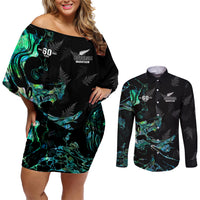 New Zealand Marathon Couples Matching Off Shoulder Short Dress and Long Sleeve Button Shirt Silver Fern Paua Shell Simple Style