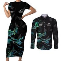New Zealand Marathon Couples Matching Short Sleeve Bodycon Dress and Long Sleeve Button Shirt Silver Fern Paua Shell Simple Style