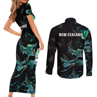 New Zealand Marathon Couples Matching Short Sleeve Bodycon Dress and Long Sleeve Button Shirt Silver Fern Paua Shell Simple Style