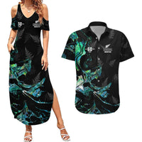 New Zealand Marathon Couples Matching Summer Maxi Dress and Hawaiian Shirt Silver Fern Paua Shell Simple Style LT05 Black - Polynesian Pride