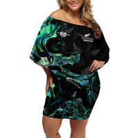New Zealand Marathon Off Shoulder Short Dress Silver Fern Paua Shell Simple Style LT05 Women Black - Polynesian Pride