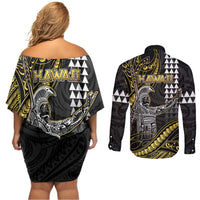 Hawaii King Kamehameha The Great Couples Matching Off Shoulder Short Dress and Long Sleeve Button Shirt Gold Tribal Tattoo