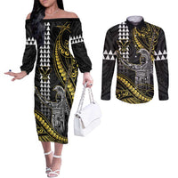 Hawaii King Kamehameha The Great Couples Matching Off The Shoulder Long Sleeve Dress and Long Sleeve Button Shirt Gold Tribal Tattoo