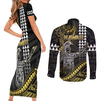 Hawaii King Kamehameha The Great Couples Matching Short Sleeve Bodycon Dress and Long Sleeve Button Shirt Gold Tribal Tattoo