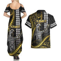 Hawaii King Kamehameha The Great Couples Matching Summer Maxi Dress and Hawaiian Shirt Gold Tribal Tattoo