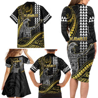 Hawaii King Kamehameha The Great Family Matching Long Sleeve Bodycon Dress and Hawaiian Shirt Gold Tribal Tattoo
